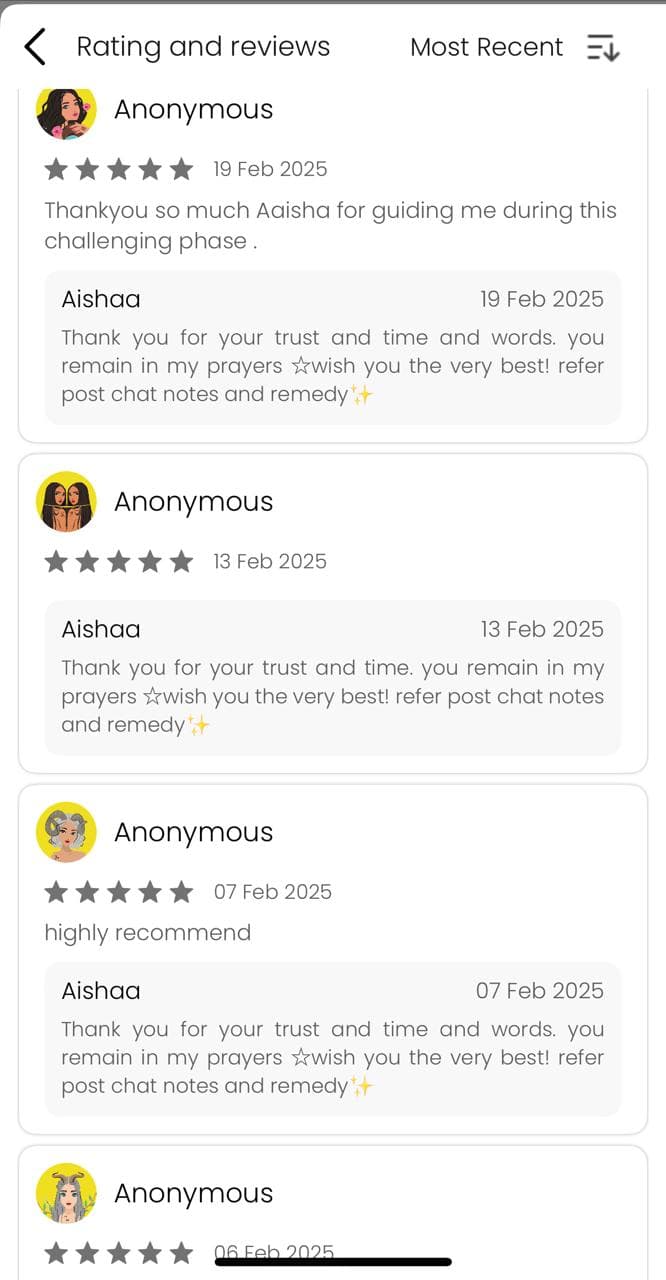 AstroTalk 5-star reviews: "Thankyou so much Aaisha for guiding me during this challenging phase", "highly recommend"