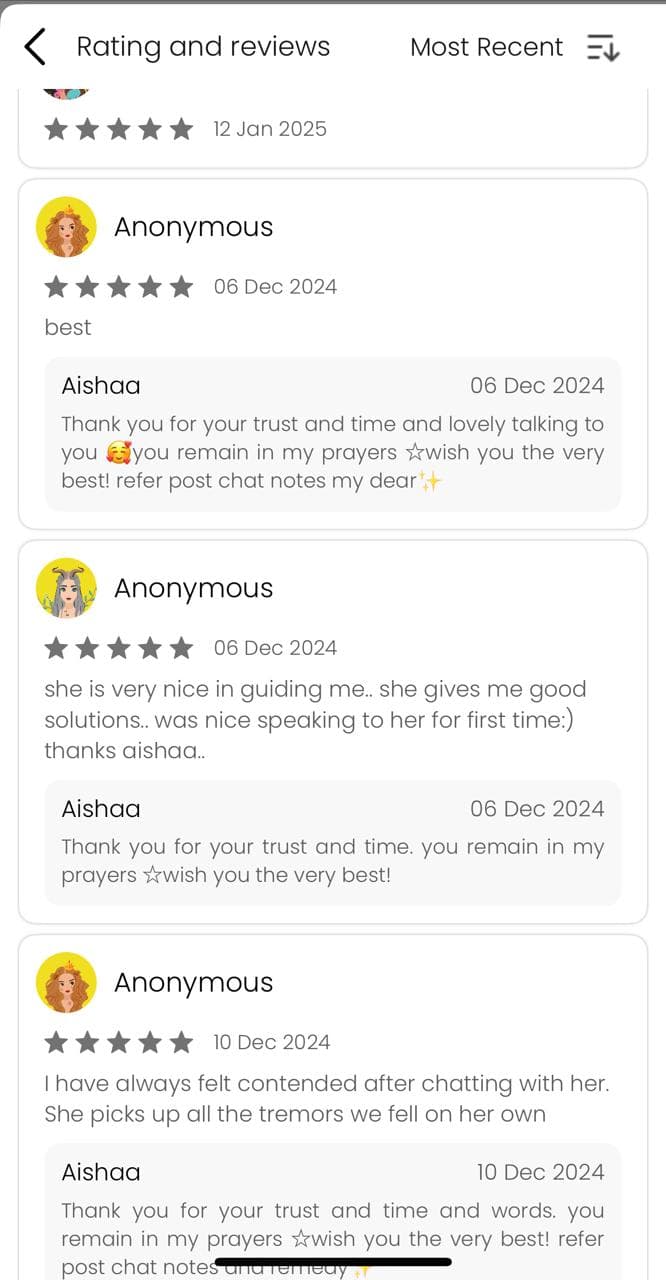 AstroTalk 5-star reviews: "she is very nice in guiding me.. she gives me good solutions", "I have always felt contended after chatting with her. She picks up all the tremors we fell on her own"