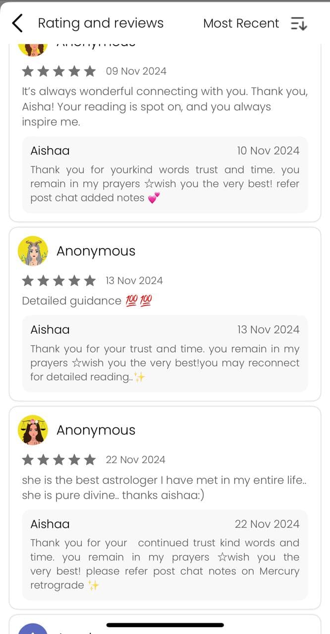 AstroTalk 5-star reviews: "It's always wonderful connecting with you. Thank you, Aisha! Your reading is spot on, and you always inspire me.", "Detailed guidance", "she is the best astrologer I have met in my entire life.. she is pure divine"
