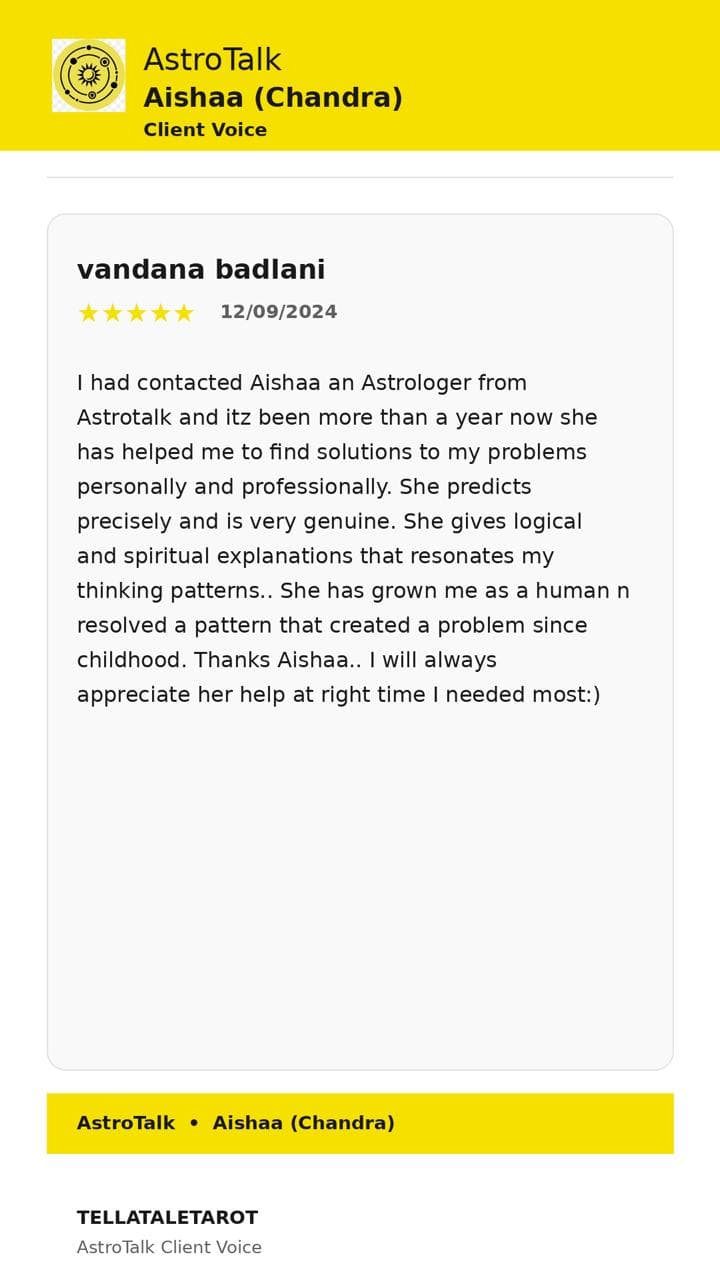 AstroTalk 5-star review by vandana badlani (12/09/2024): "She has helped me to find solutions to my problems personally and professionally. She gives logical and spiritual explanations that resonates my thinking patterns.. She has grown me as a human n resolved a pattern that created a problem since childhood."