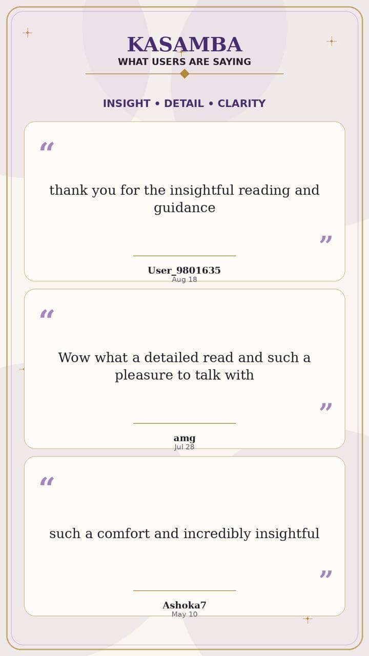 Kasamba reviews: "thank you for the insightful reading and guidance" (User_9801635), "Wow what a detailed read and such a pleasure to talk with" (amg), "such a comfort and incredibly insightful" (Ashoka7)