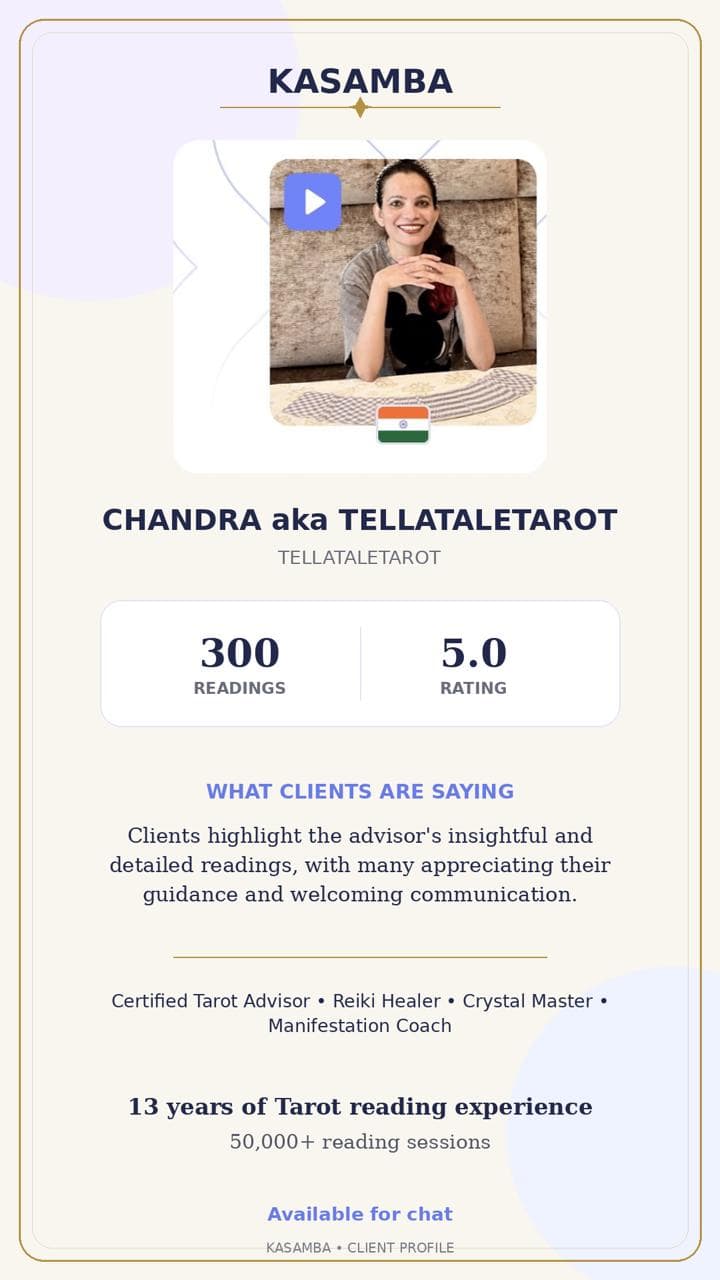 Kasamba profile card: CHANDRA aka TELLATALETAROT, 300 readings, 5.0 rating, 13 years of Tarot reading experience