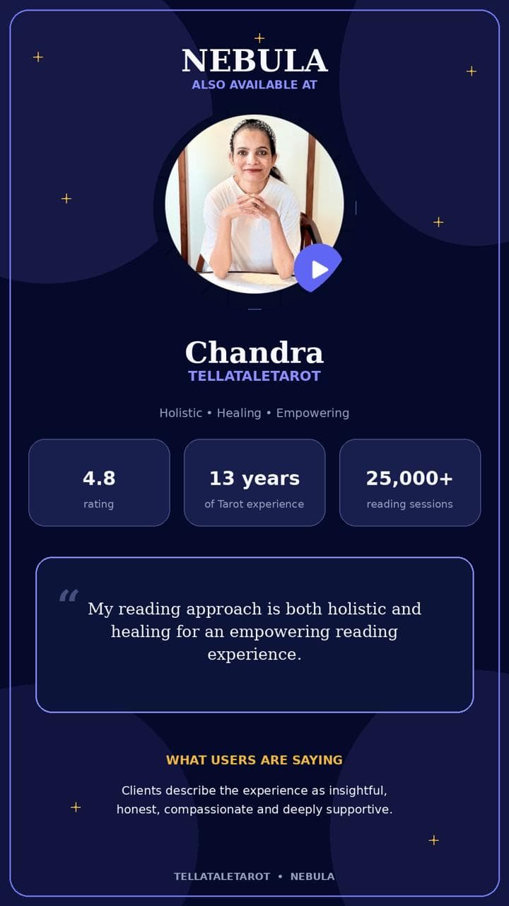 Nebula profile card: Chandra, TELLATALETAROT, 4.8 rating, 13 years of Tarot experience, 25,000+ reading sessions