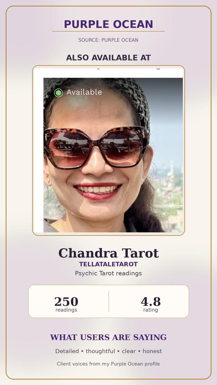 Purple Ocean profile card: Chandra Tarot, TELLATALETAROT Psychic Tarot readings, 250 readings, 4.8 rating